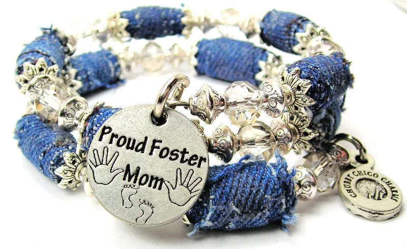 Proud Foster Mom Blue Jean Beaded Wrap Bracelet