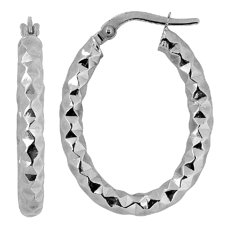 Fremada Italian 14k White Gold 3-mm Diamond-cut Oval Hoop Earrings