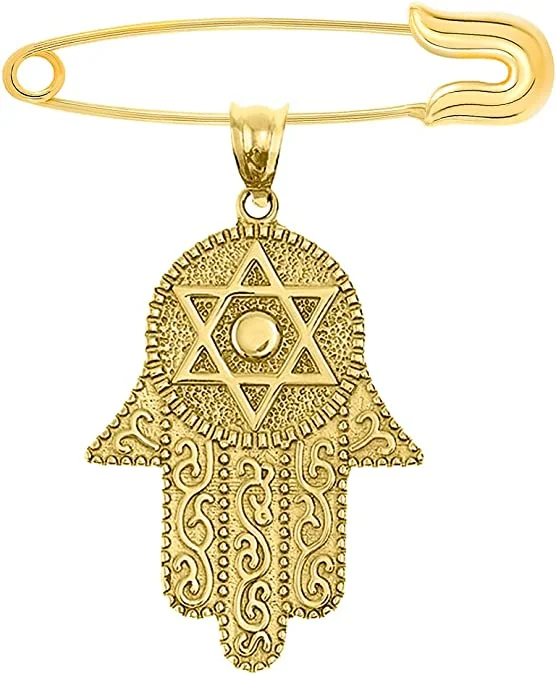 14k Solid Yellow Gold Hamsa Hand Star of David Pendant with Pin Brooch