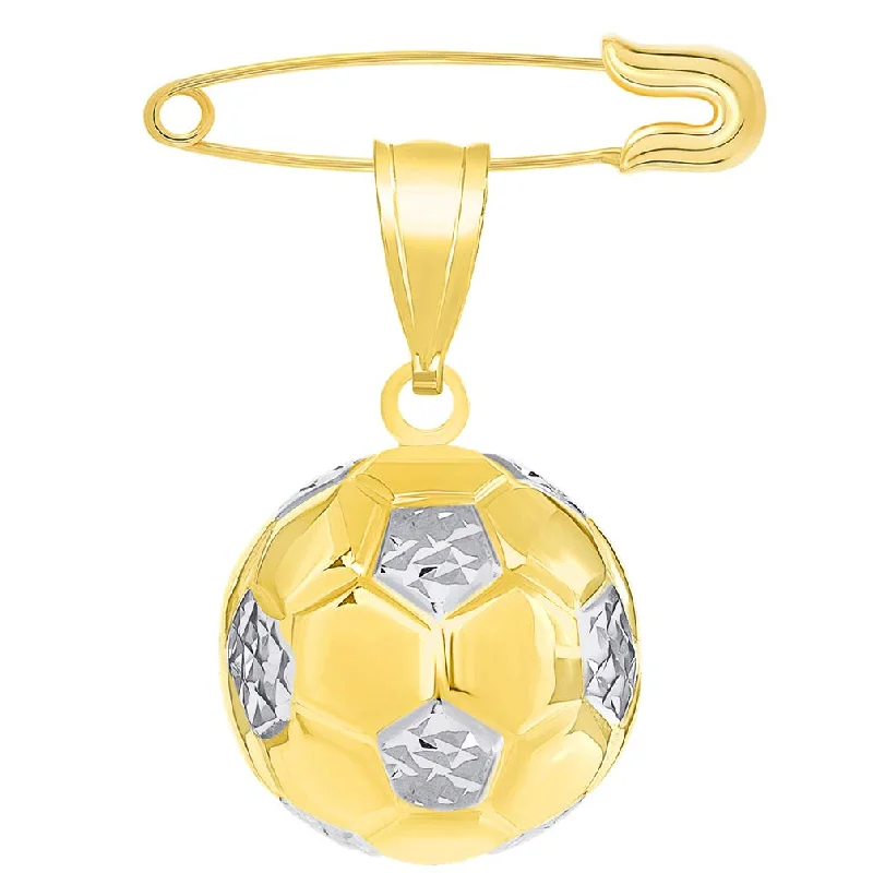 High Polish14k Yellow Gold Soccer 3D Ball Charm Futbol Sports Pendant With Safety Pin Brooch