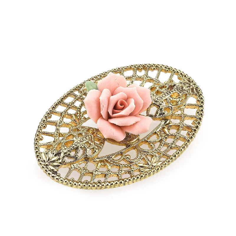 1928 Jewelry Pink Porcelain Rose Filigree Brooch