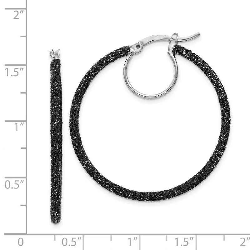 Curata 925 Sterling Silver 37x2mm Black Glitter Hoop Earrings