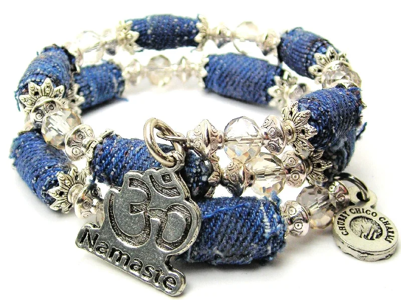 Om With Word Namaste Blue Jean Beaded Wrap Bracelet