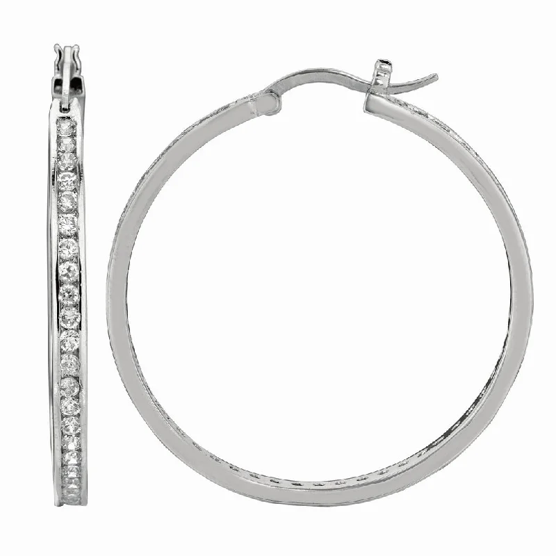 Curata 925 Sterling Silver With Rhodium Finish Shiny 2.0x26mm Clear Zirconia Hoop Earrings With Hinged Clasp