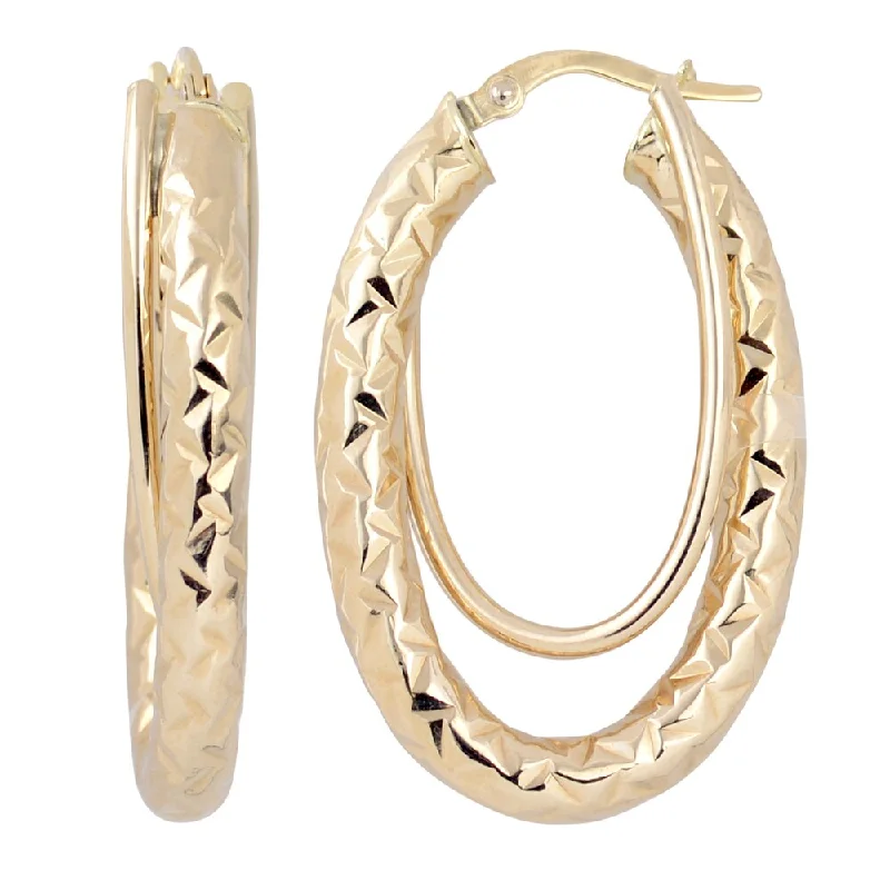 Fremada Italian 14k Yellow Gold Diamond-cut and High Polish Double Oval Hoop Earrings