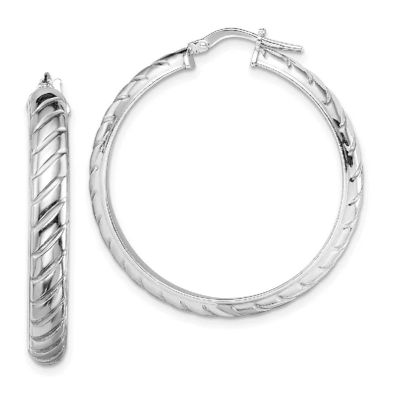 Curata 925 Sterling Silver Rhodium Plated 36x5mm Polished Textured Hoop Earringss