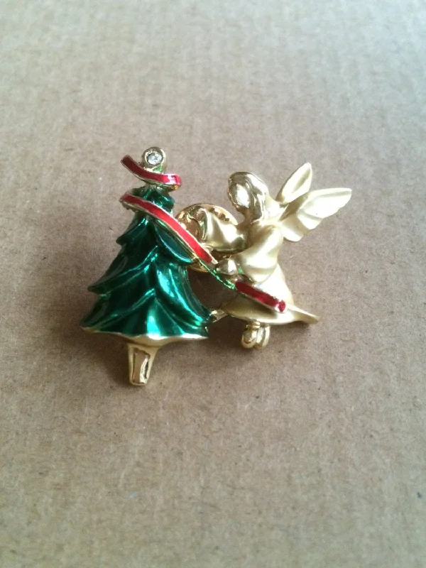 Giusti Angel Gold Tone Xmas Tree Enamel & Rhinestone Brooch Pin