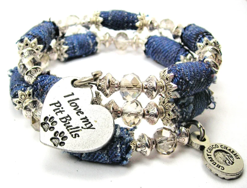 I Love My Pit Bulls Heart Blue Jean Beaded Wrap Bracelet