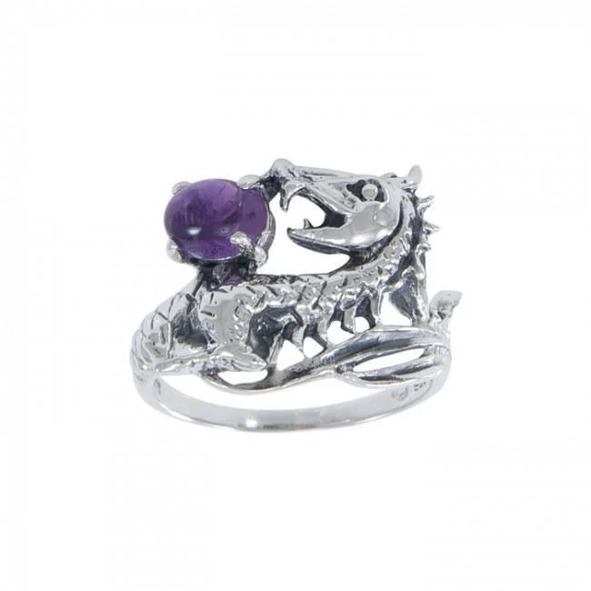 Dragon Holding Gem Sterling Silver Ring TR3808