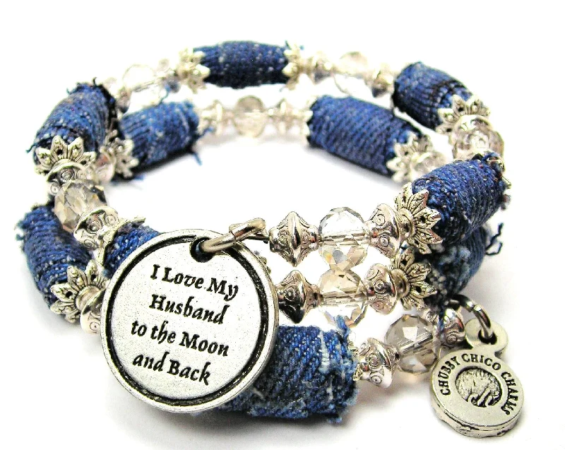 I Love My Husband To The Moon And Back Blue Jean Beaded Wrap Bracelet