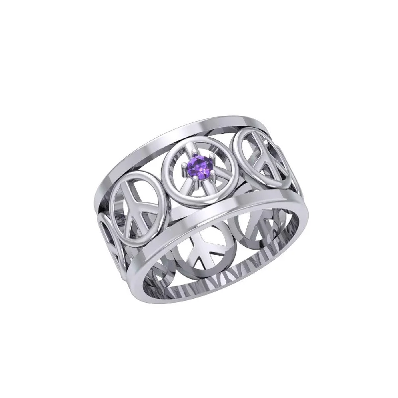 Peace Symbols Silver Band Ring With Gemstone TRI2402