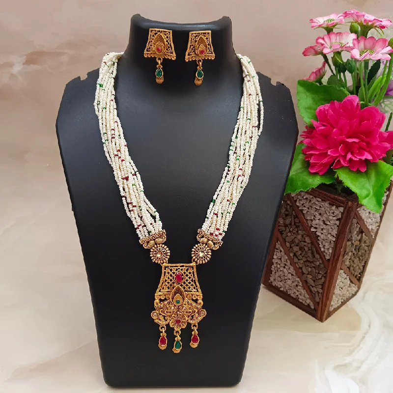 Bhavi Jewels Gold Plated Pota And Pearl Long Necklace Set