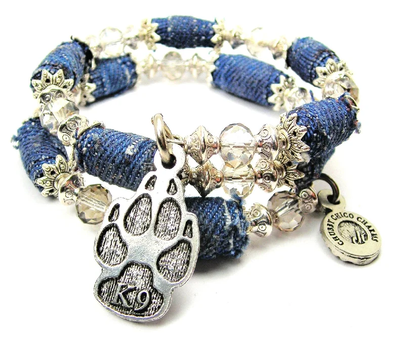 K9 Paw Print Blue Jean Beaded Wrap Bracelet