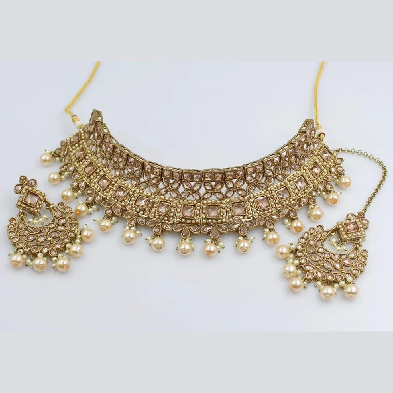 Rani Sati Jewels Gold Plated Crystal And Pearl Choker Necklace Set