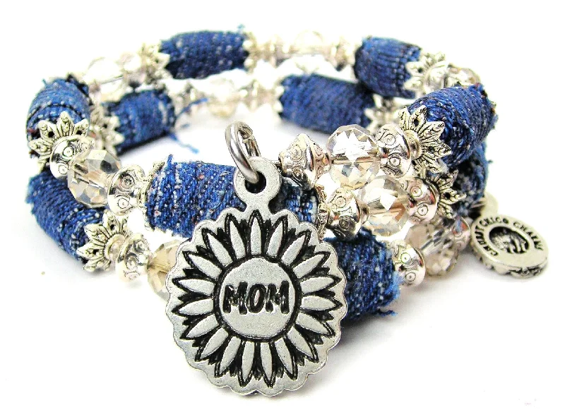 Mom Flower Blue Jean Beaded Wrap Bracelet