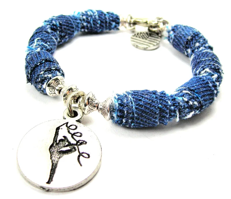 Gymnast Twirling Ribbon In Circle Blue Jean Beaded Toggle Bracelet