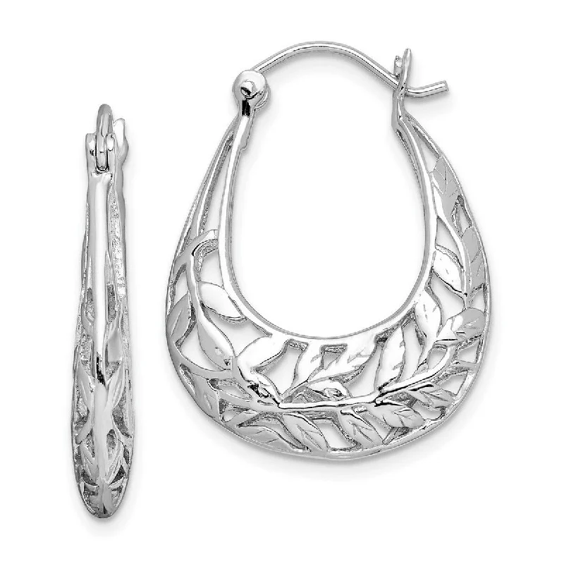 Curata 925 Sterling Silver 28x5mm Textured Polished Leaves Hoop Earrings