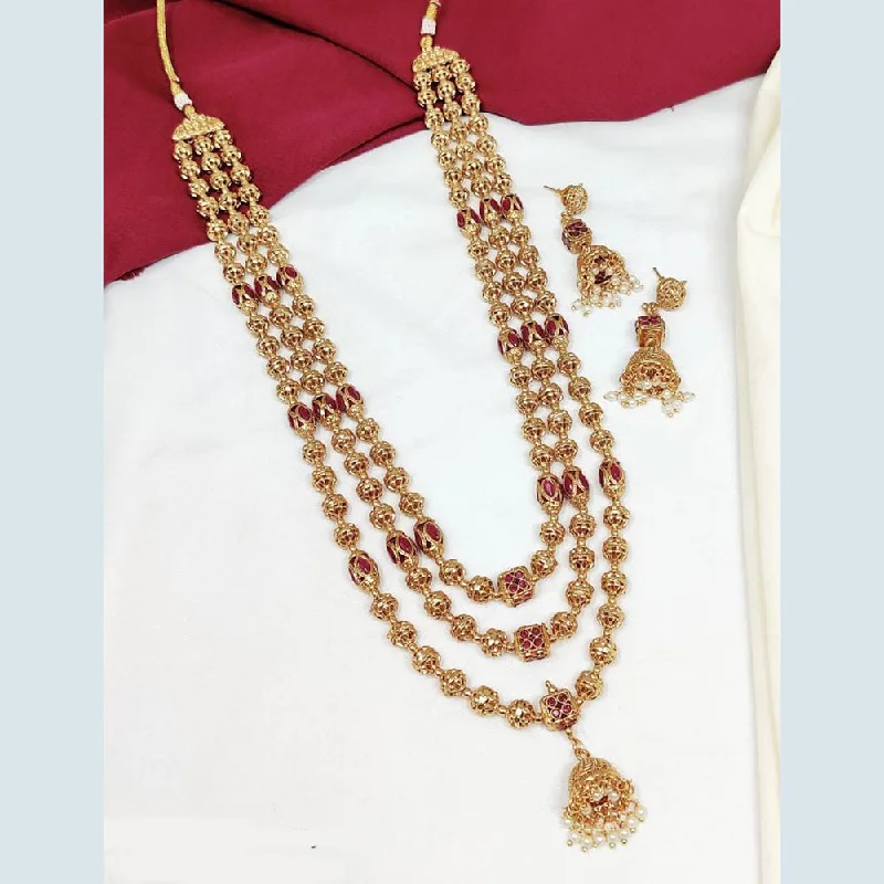 Manisha Jewellery Gold Plated Pota Stone And Pearls Multi Layer Long Necklace Set