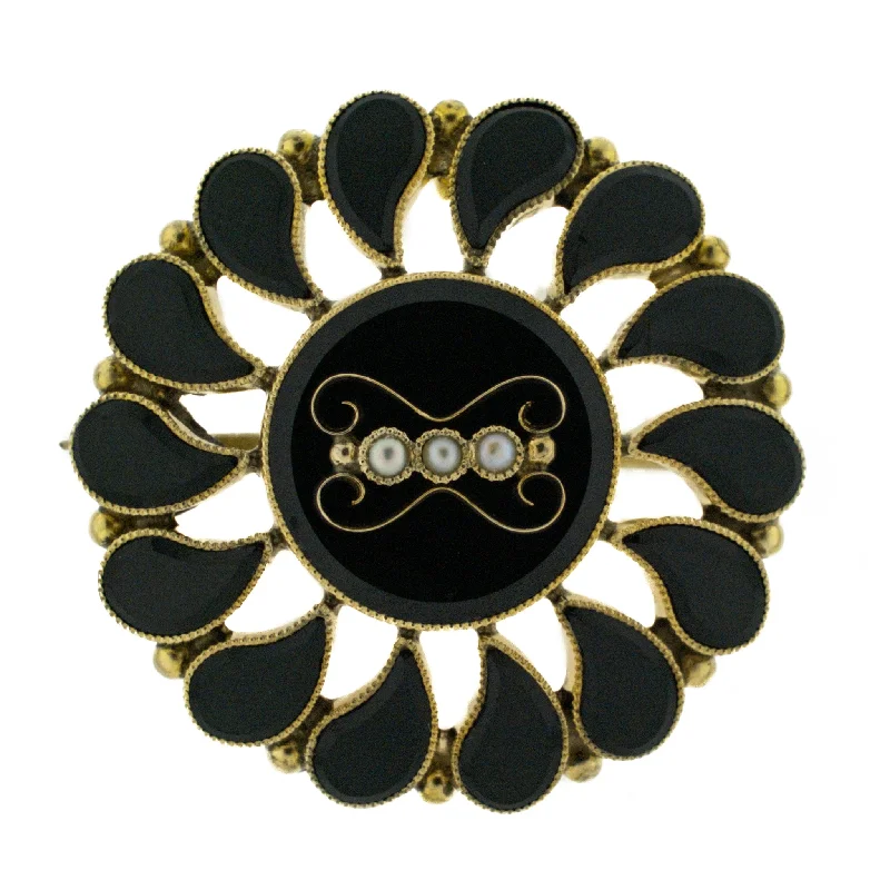 Vintage Onyx and Pearl Accented Brooch in 10K Yellow Gold