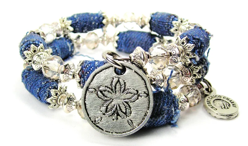 Sand Dollar Blue Jean Beaded Wrap Bracelet