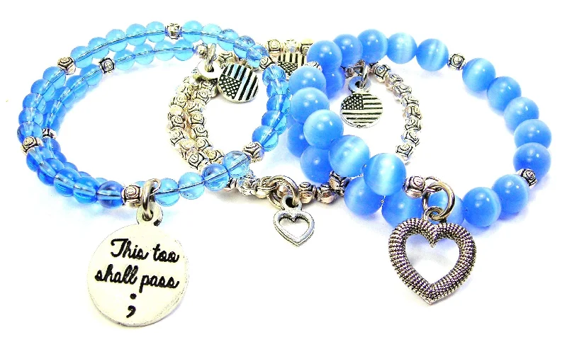 This Too Shall Pass ; Suicide Awareness 3 Piece Wrap Bracelet Set Cats Eye Glass And Pewter