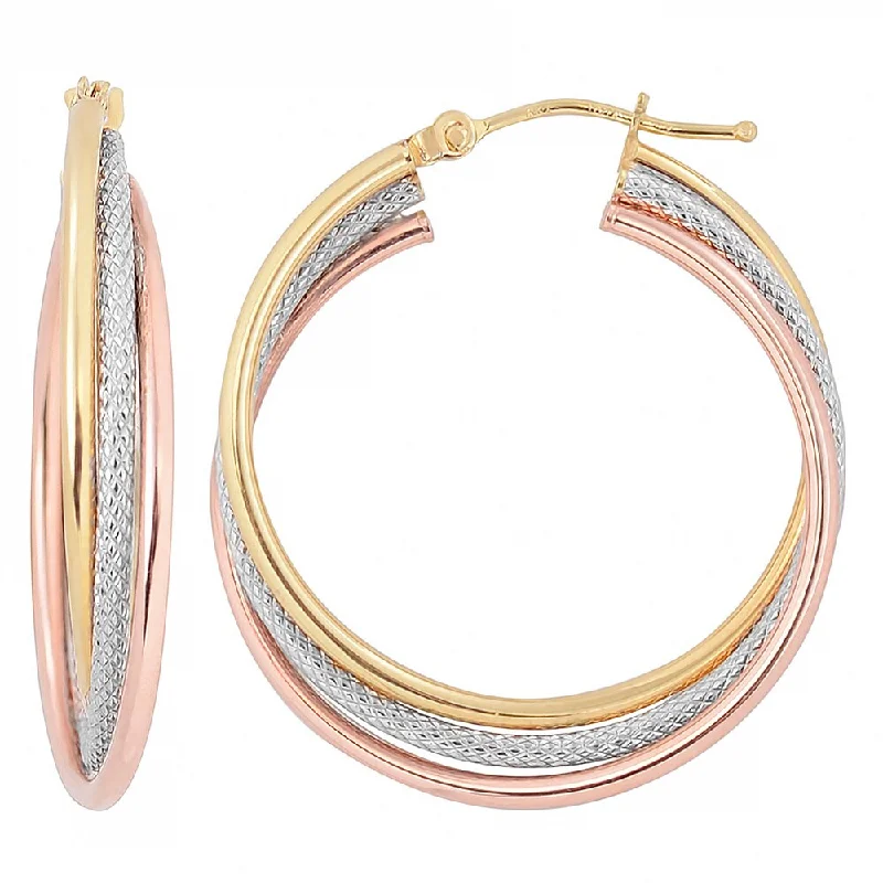 Fremada 10k Tri-color Gold High Polish and Textured Twist Hoop Earrings - White