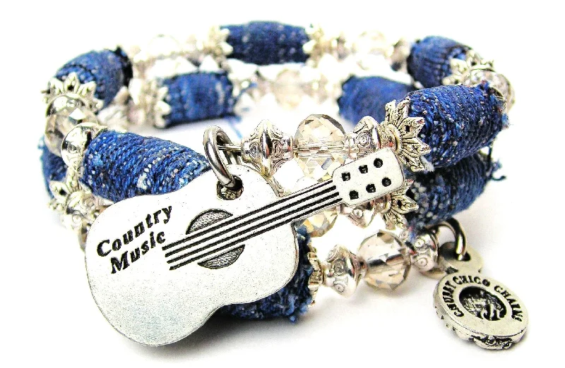 Country Music Guitar Large Blue Jean Beaded Wrap Bracelet