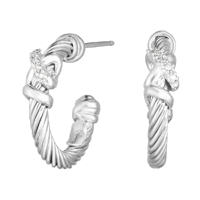 Curata 925 Sterling Silver Ribbed Swirl with Cubic Zirconia Half Hoop Earrings