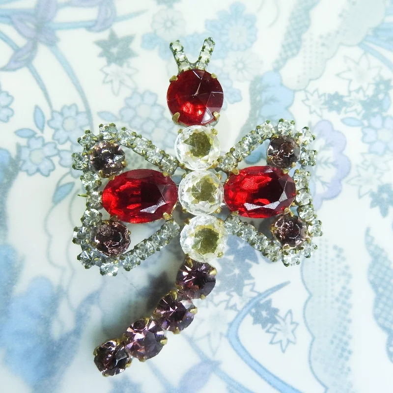 Dragonfly brooch with red shiny Czech glass