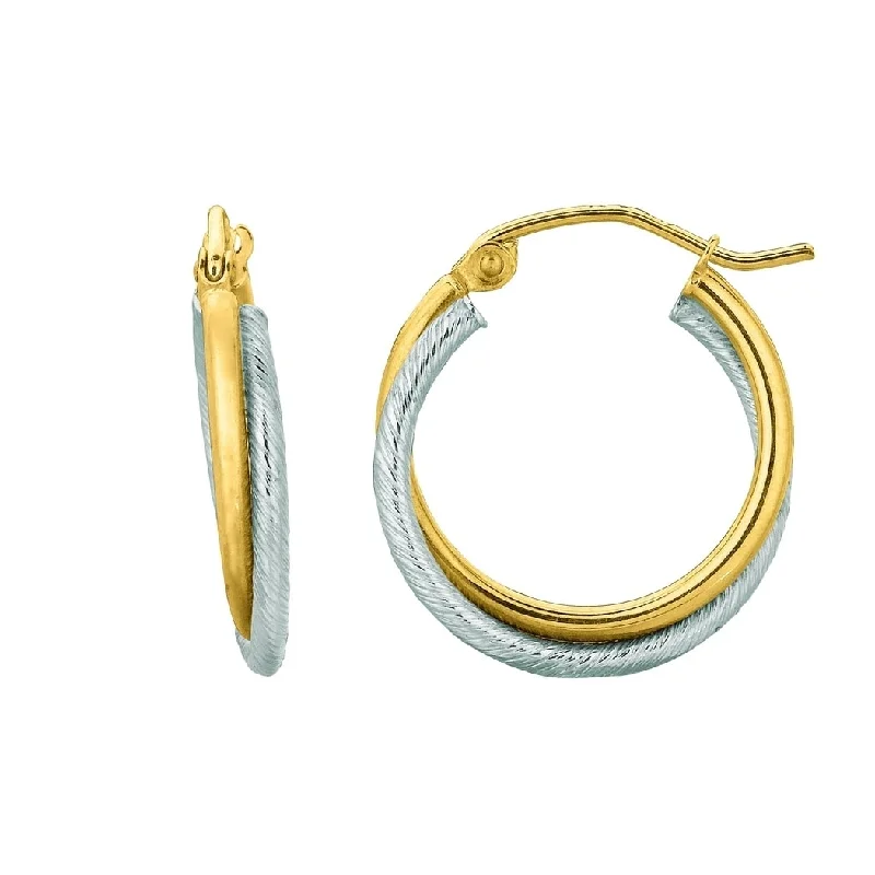 Curata 14k Two-tone Gold 18mm Textured Double Row Round Hoop Earrings