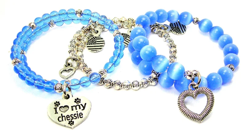 I Love My Chessie 3 Piece Wrap Bracelet Set Cats Eye Glass And Pewter