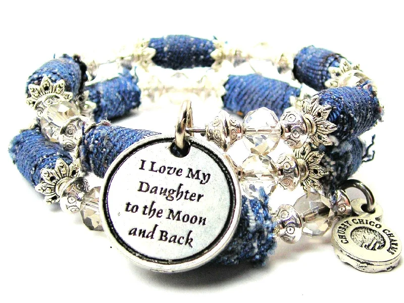 I Love My Daughter To The Moon And Back Blue Jean Beaded Wrap Bracelet