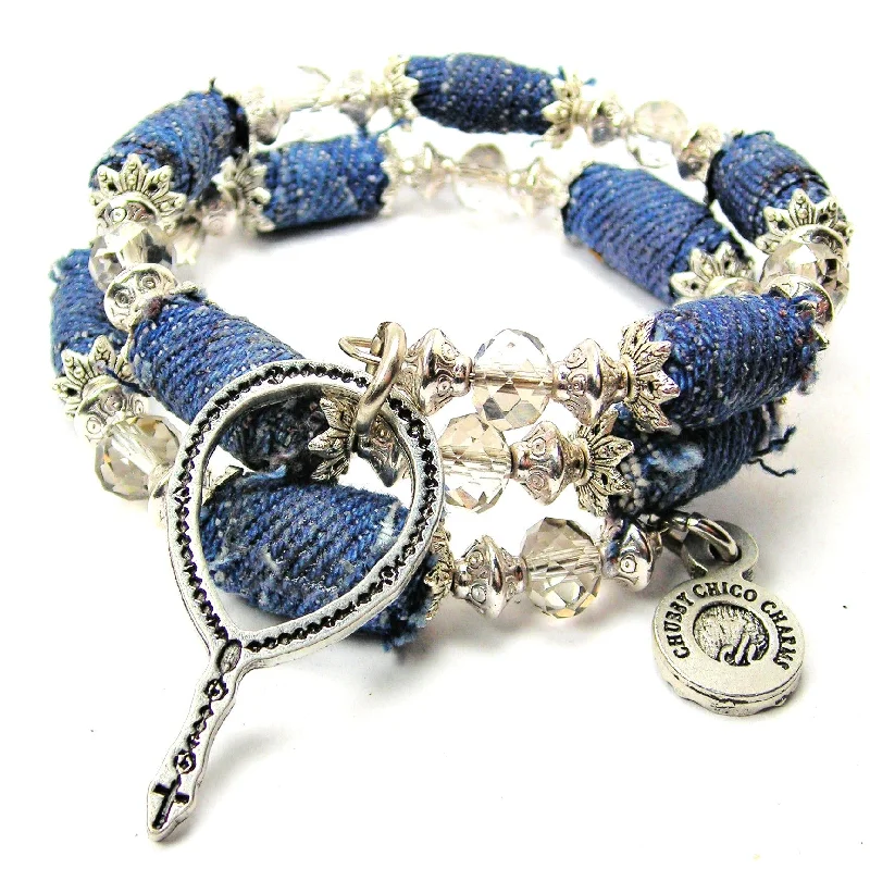 Rosary Beads Blue Jean Beaded Wrap Bracelet