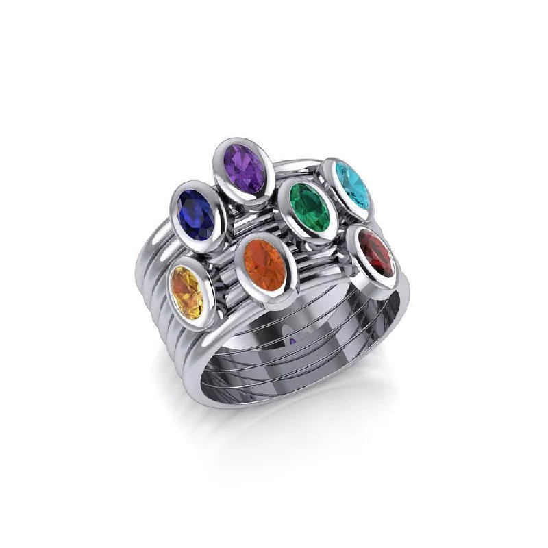 Oval Chakra Gemstone on Silver Stack Ring TRI1856