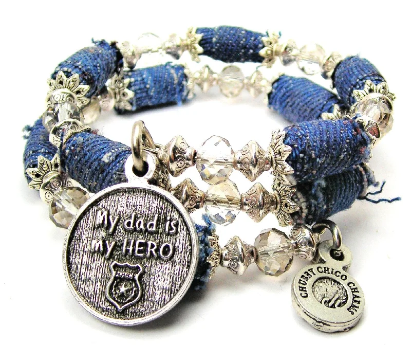 My Dad Is My Hero Police Officer Blue Jean Beaded Wrap Bracelet