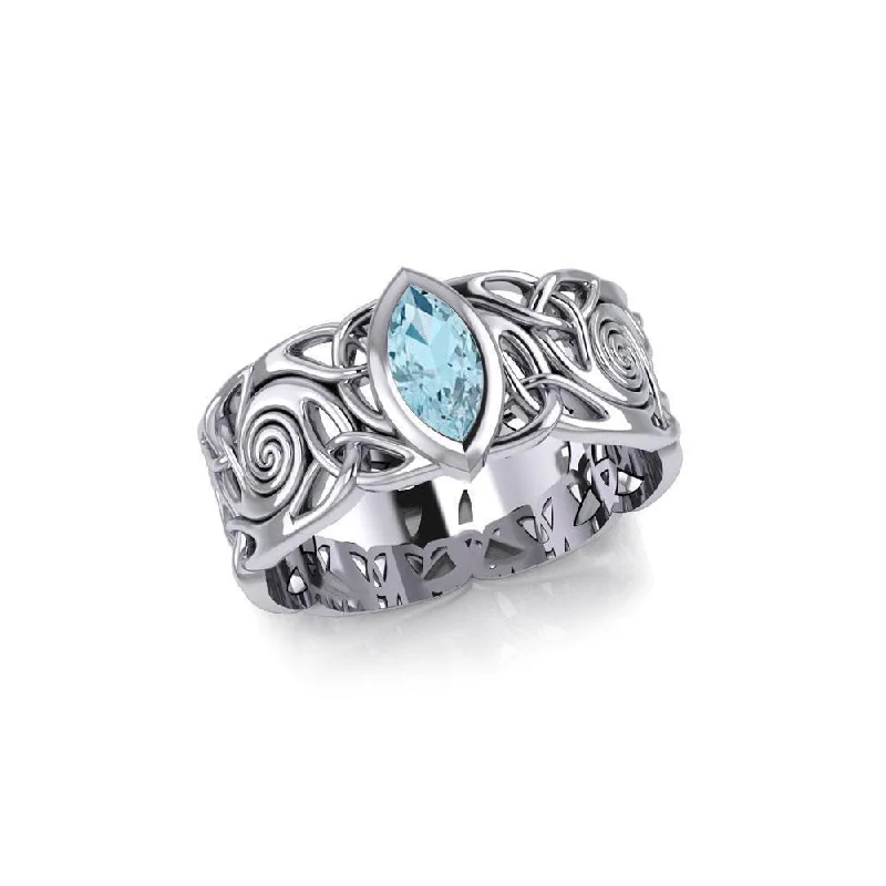 Celtic Spiral Sterling Silver Band Ring with Marquise Gemstone TRI1914