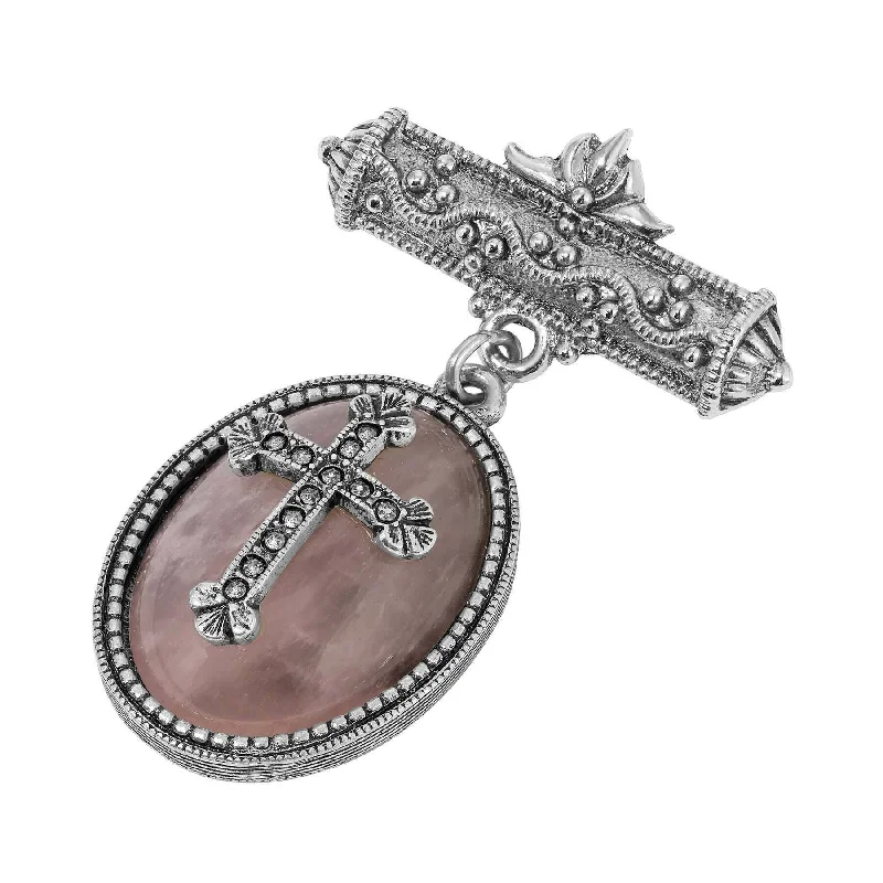 Symbols Of Faith Bar Pin Oval Rose Quartz Cross Brooch