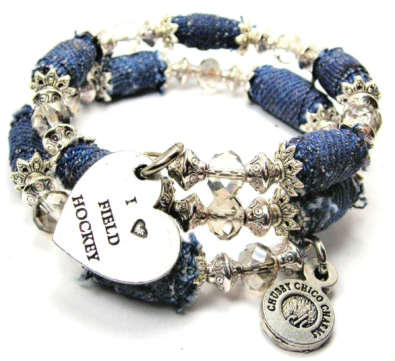 I Love Field Hockey Blue Jean Beaded Wrap Bracelet