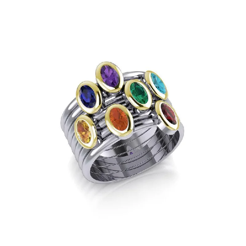 Oval Chakra Gemstone on Silver and Gold Stack Ring MRI1856