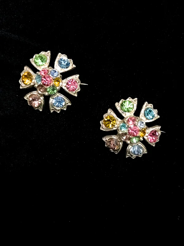 40s Art Deco Multi Coloured Rhinestone Domed Flower Pair Brooches Pins Duette