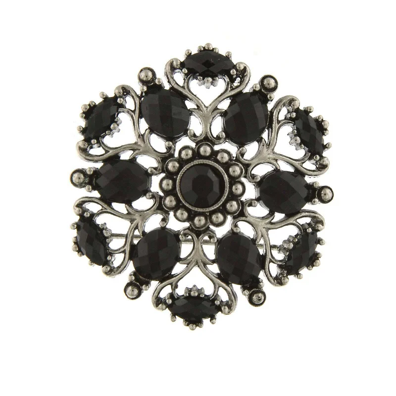 1928 Jewelry Jet Black Stone Ornate Brooch Pin