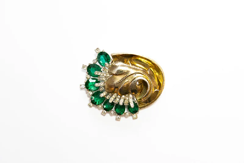 McCLELLAND BARCLAY Gold Plated Leaf with Green and Clear Stones Brooch