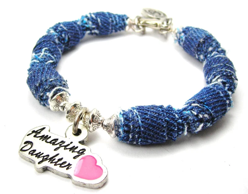 Amazing Daughter With Hand Painted Hot Pink Heart Blue Jean Beaded Toggle Bracelet