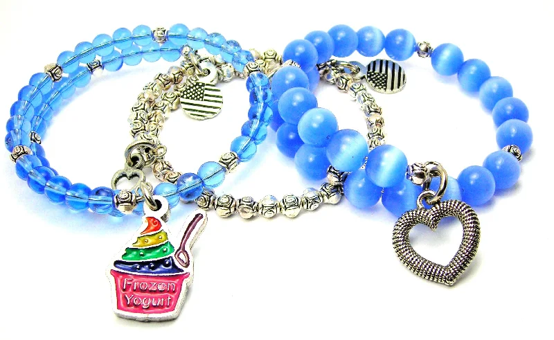 Rainbow Colored Frozen Yogurt 3 Piece Wrap Bracelet Set Cats Eye Glass And Pewter