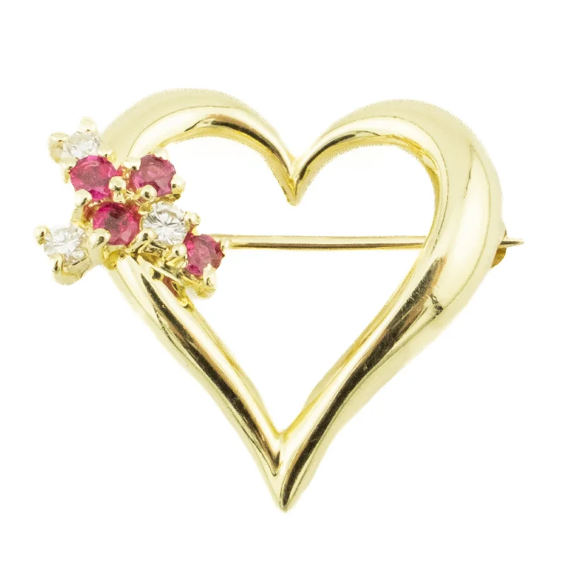 Ruby and Diamond Heart Brooch in 14K Yellow Gold