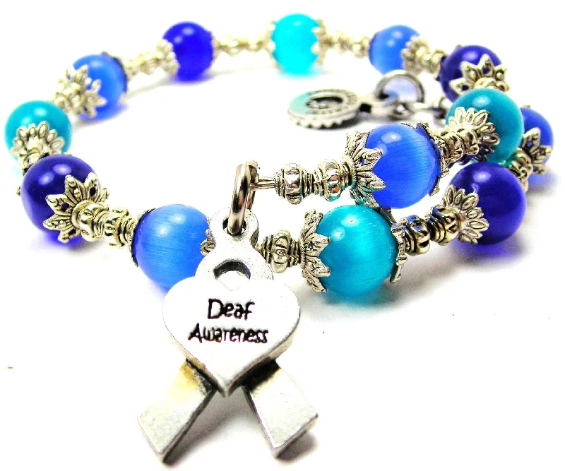 Deaf Awareness Ribbon Cat's Eye Beaded Wrap Bracelet