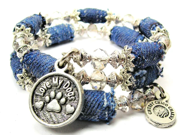 Love My Dogs Blue Jean Beaded Wrap Bracelet