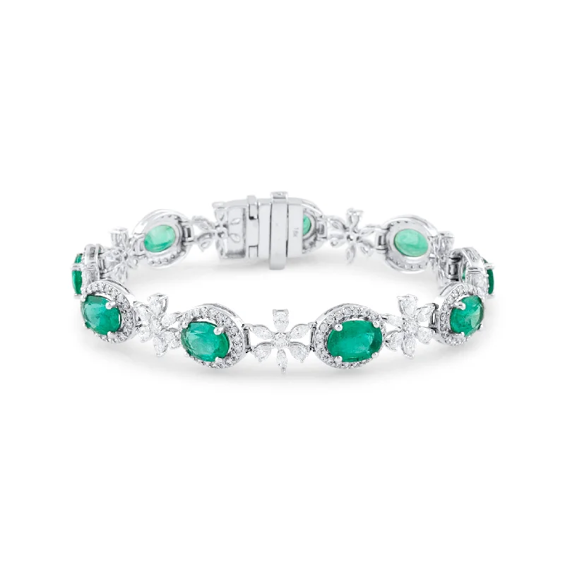 Emerald Oval & Diamond Bracelet In 18K White Gold