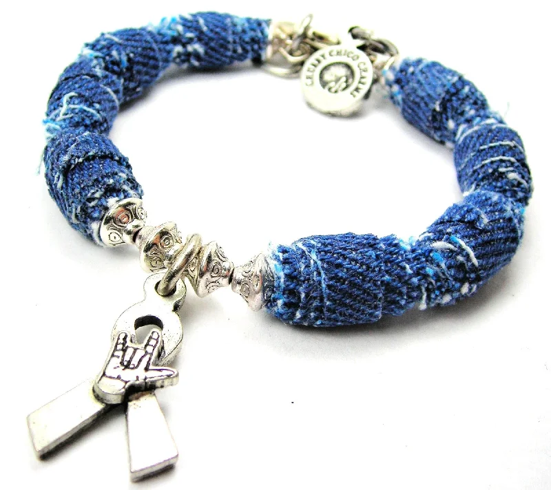 I Love You Sign Language Awareness Ribbon Blue Jean Beaded Toggle Bracelet