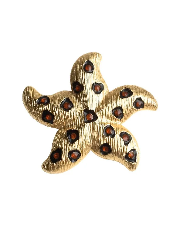 80s Starfish Bold Wide Gold-tone Textured Brushed Orange Cabochon Figural Brooch